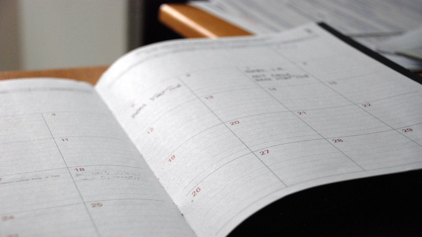 Weekly planner and schedule laid out on a desk with a pen